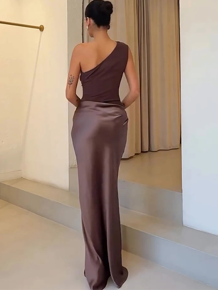Velvet Mocha Elegance – One-Shoulder Satin Gown