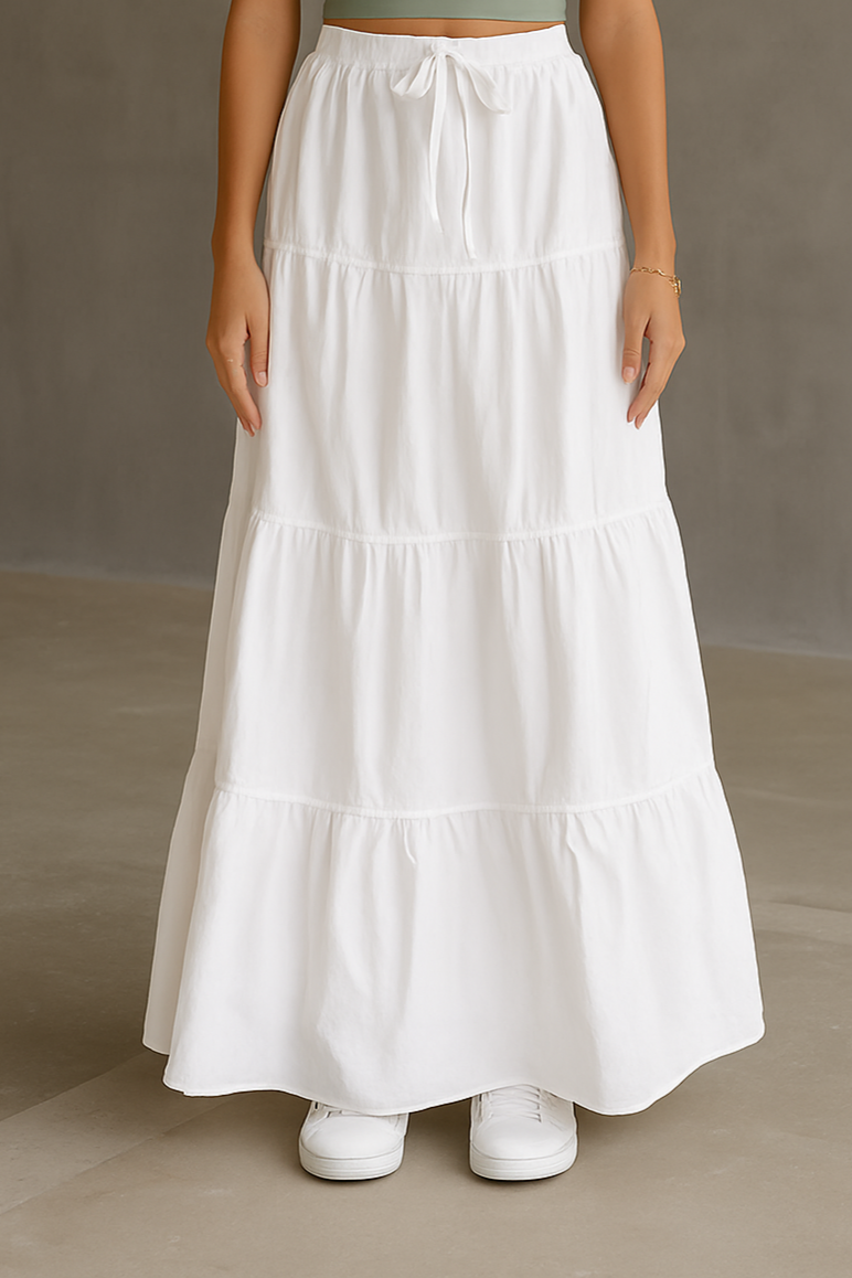 Serene Breeze Tiered Maxi Skirt – White