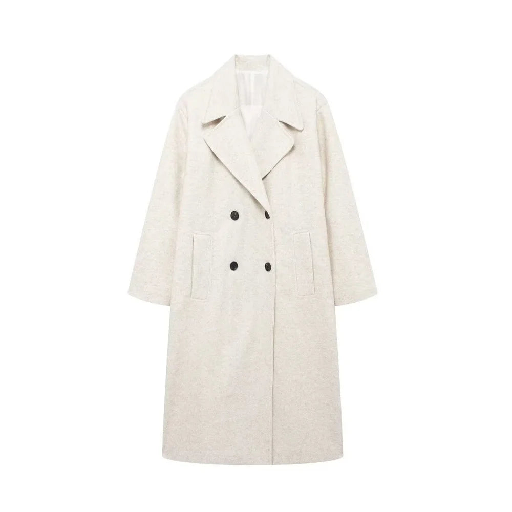 Ivory Double-Breasted Wool Blend Coat